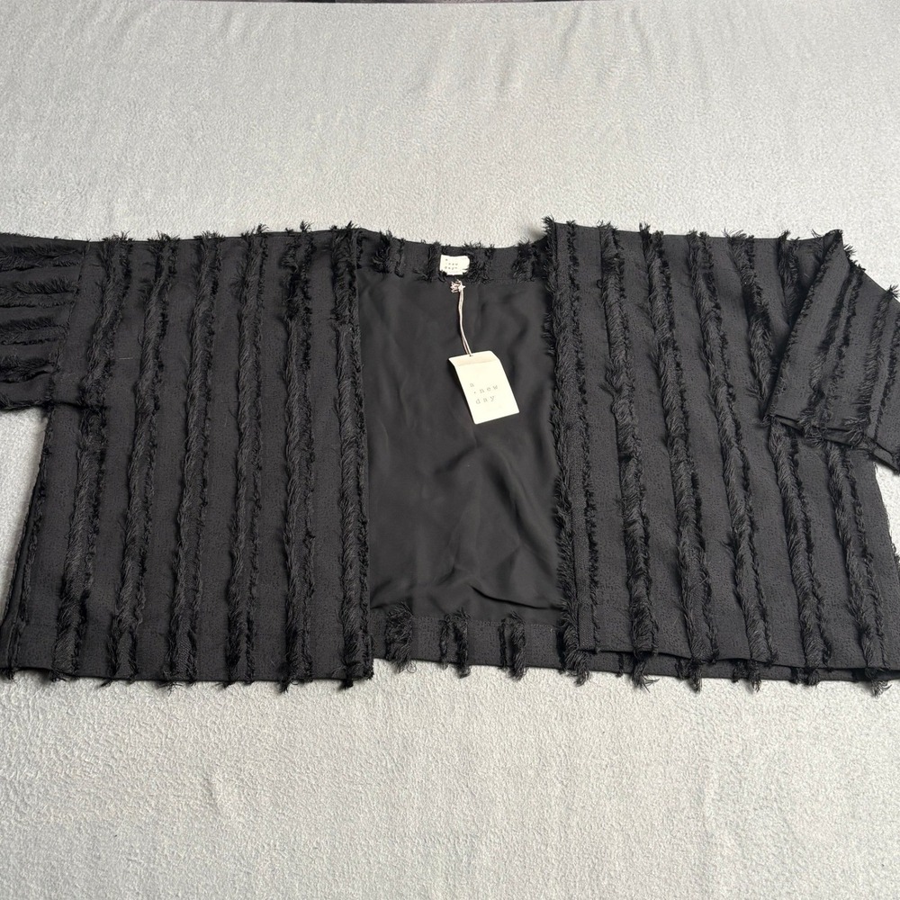 A New Day Black Fringe Open Front Kimono Jacket OSFM Textured Eyelash Shrug